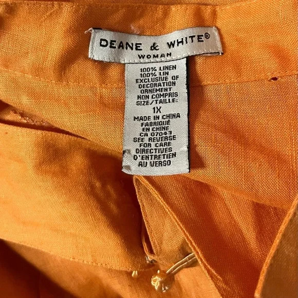 🧡Dean & White Mandarin, coral / embroidered button down linen top, 3/4 sleeves🧡 - Picture 10 of 10